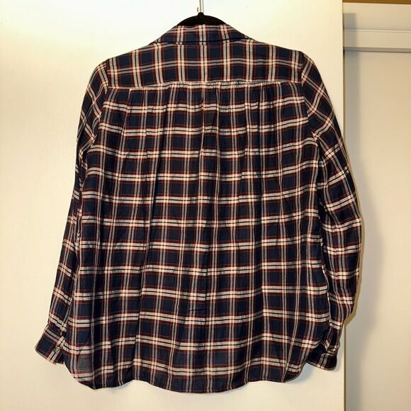 Ann Taylor LOFT SP The Softened Shirt Navy Red Plaid Half Button Collared Womens - Picture 6 of 9